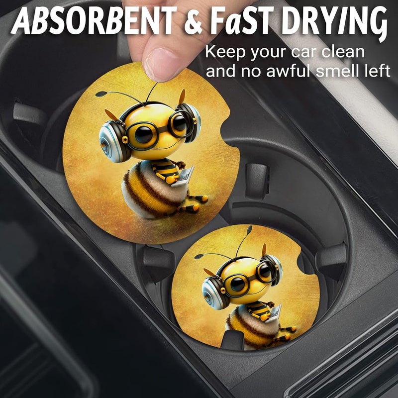 Yonlevres Bee Car Coasters - Anti Slip Rubber Mat with Finger Notch, 2 Pack for Car Cup Holders, Cute Interior Accessories - Image 2